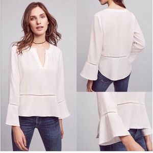 Anthropologie Cloth And Stone White Cotton Aria Henley S Bell Sleeve Split Back